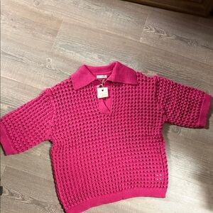 NWT ANDTHEWHY Pink Textured Polo Style Collared Knit Sweater